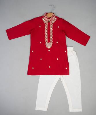 Red embroidered silk kurta pyjama 1