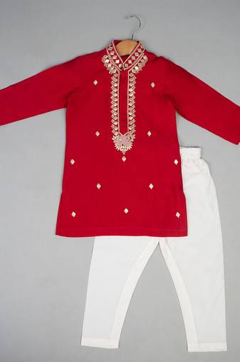 Red embroidered silk kurta pyjama