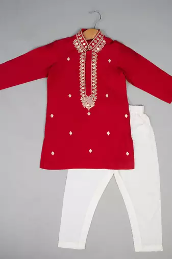 Red embroidered silk kurta pyjama