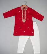 Red embroidered silk kurta pyjama