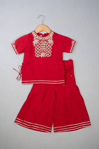 Red embroidered silk Kurta Set