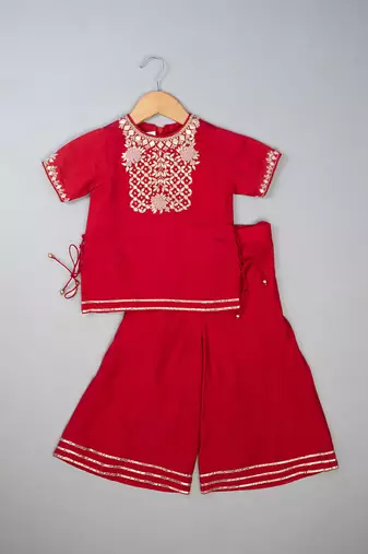 Red embroidered silk Kurta Set