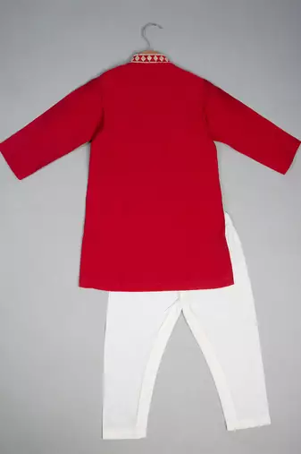 Red embroidered silk kurta pyjama