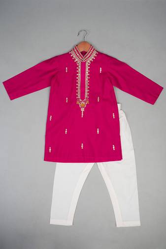 Pink embroidered silk kurta pyjama