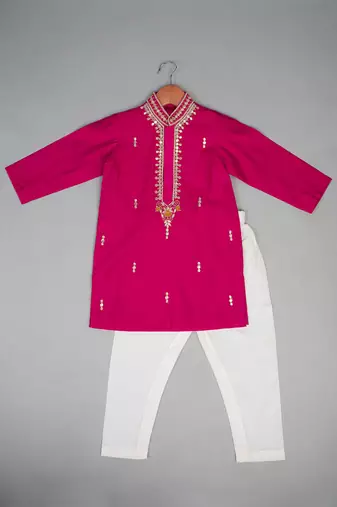 Pink embroidered silk kurta pyjama