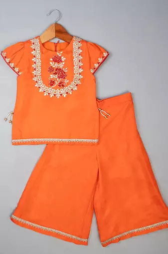 Orange embroidered silk kurta set