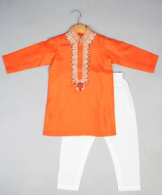 Orange embroidered silk kurta pyjama 1