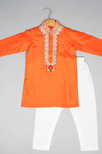 Orange embroidered silk kurta pyjama