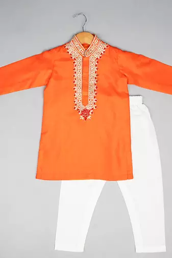 Orange embroidered silk kurta pyjama