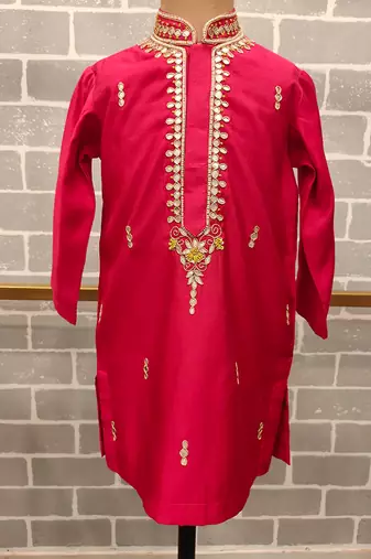 Pink embroidered silk kurta pyjama