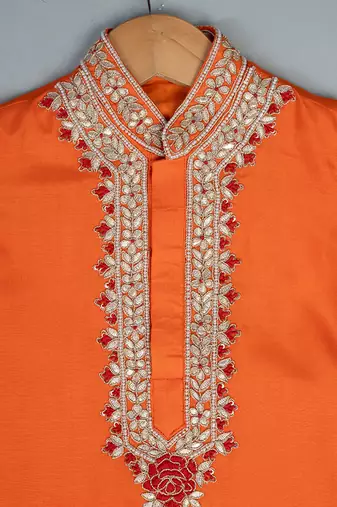 Orange embroidered silk kurta pyjama