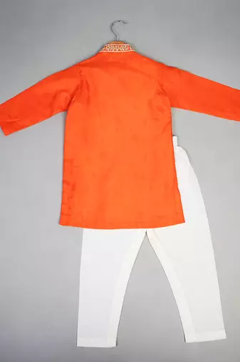 Orange embroidered silk kurta pyjama