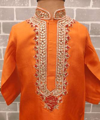 Orange embroidered silk kurta pyjama 4