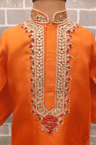 Orange embroidered silk kurta pyjama