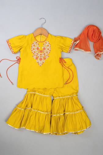 Yellow embroidered silk sharara