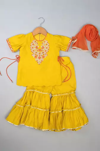 Yellow embroidered silk sharara