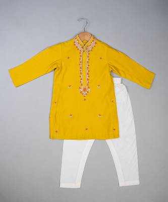 Yellow embroidered silk kurta pyjama 1