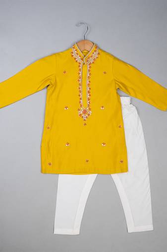 Yellow embroidered silk kurta pyjama