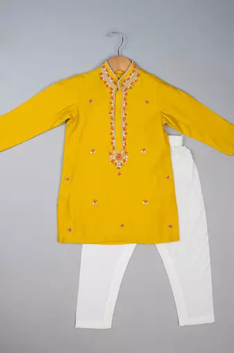 Yellow embroidered silk kurta pyjama