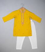 Yellow embroidered silk kurta pyjama