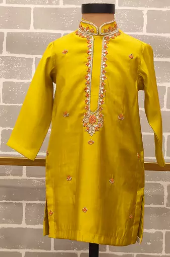 Yellow embroidered silk kurta pyjama