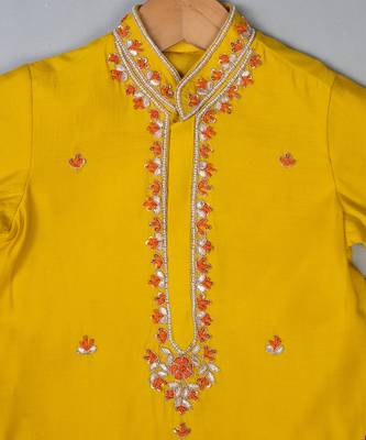 Yellow embroidered silk kurta pyjama 3
