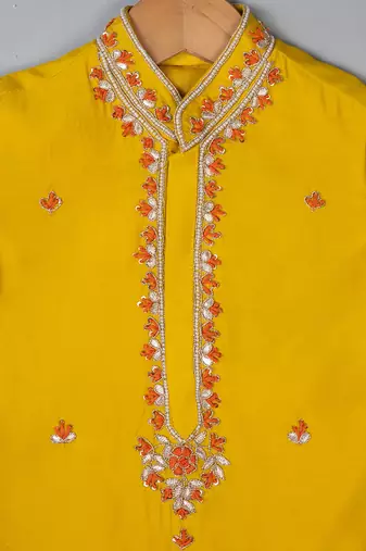 Yellow embroidered silk kurta pyjama
