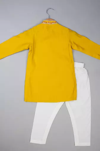 Yellow embroidered silk kurta pyjama