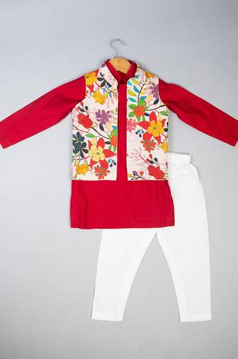 Red floral printed silk kurta pyjama