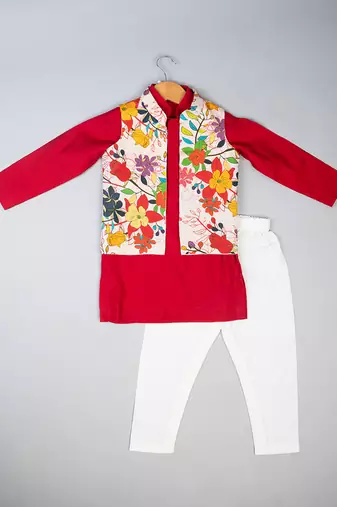 Red floral printed silk kurta pyjama