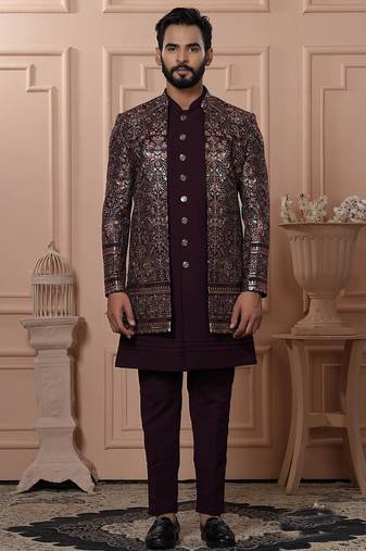 Red georgette embroidered premium designer indo western for men's