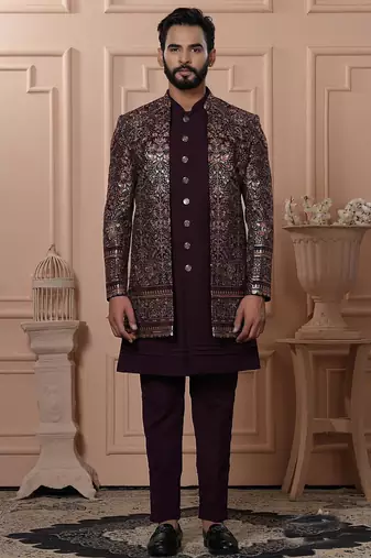 Red georgette embroidered premium designer indo western for men's