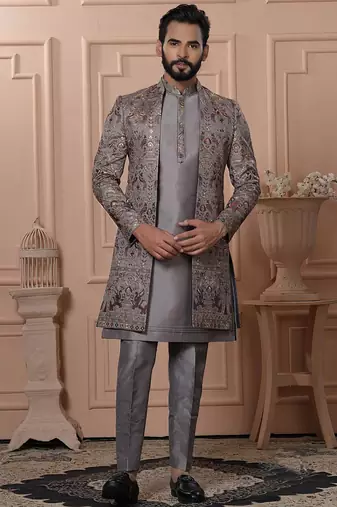 Grey silk embroidered premium designer indo western for men's