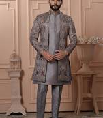 Grey silk embroidered premium designer indo western for men's