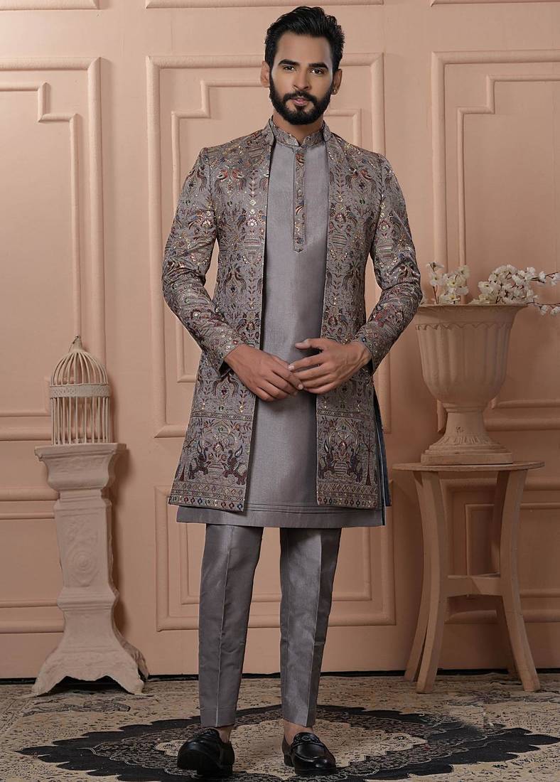 Grey silk embroidered premium designer indo western for men's