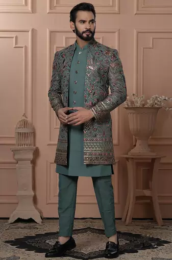 Green georgette embroidered premium designer indo western for men's
