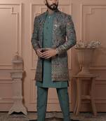 Green georgette embroidered premium designer indo western for men's