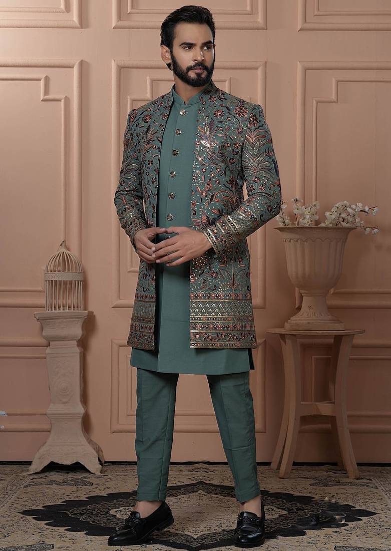 Green georgette embroidered premium designer indo western for men's