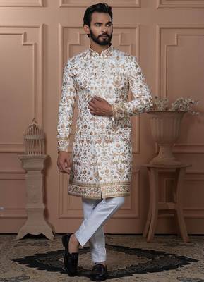 White silk embroidered premium designer indo western for men's 1