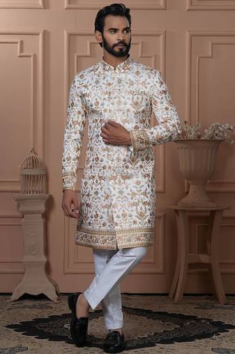 White silk embroidered premium designer indo western for men's