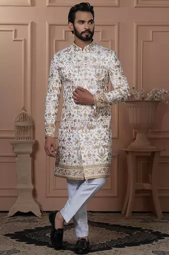 White silk embroidered premium designer indo western for men's
