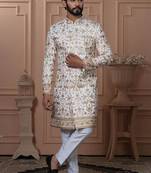White silk embroidered premium designer indo western for men's