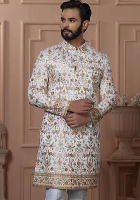 White silk embroidered premium designer indo western for men's 2