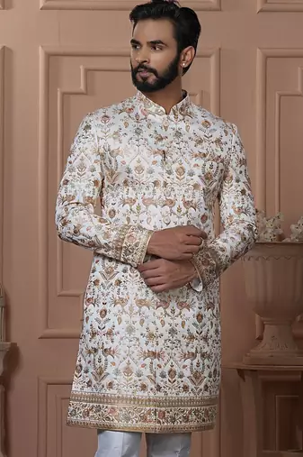 White silk embroidered premium designer indo western for men's