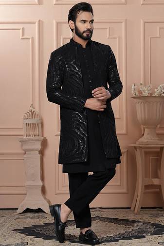 Black velvet embroidered premium designer indo western for men's