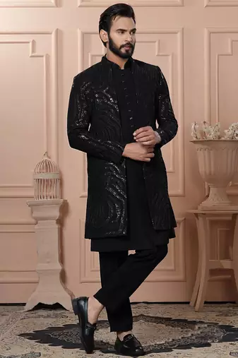 Black velvet embroidered premium designer indo western for men's