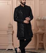 Black velvet embroidered premium designer indo western for men's