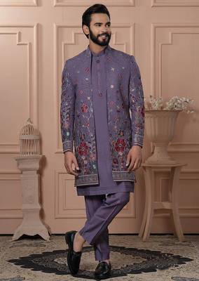 Purple georgette embroidered premium designer indo western for men's 1