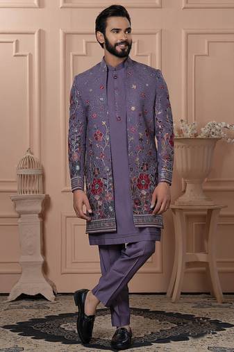 Purple georgette embroidered premium designer indo western for men's