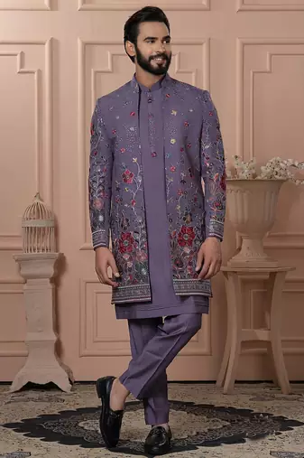 Purple georgette embroidered premium designer indo western for men's